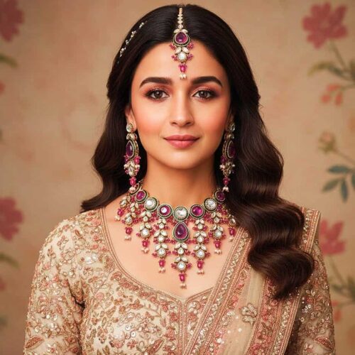 Elegant Kundan jewelry set featuring a statement necklace, earrings, and maang tikka, perfect for bridal or festive occasions.